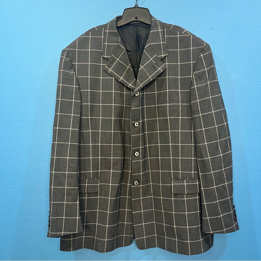 Sergio Valentino Vintage Gray Plaid Wool Blazer Made In Italy Size 60 6L